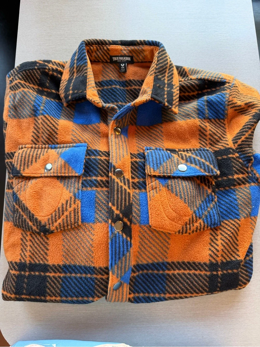 True Religion Orange and Blue Plaid Fleece Jacket